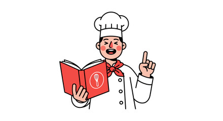 Cheerful Chef Illustration Holding a Cookbook, Ideal for Recipe Blogs, Culinary Schools, and Food Industry Marketing Materials