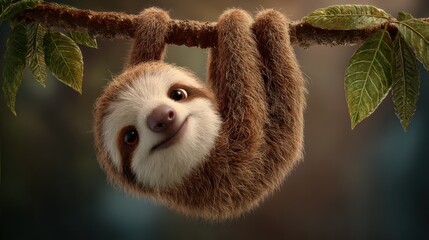 Obraz premium Adorable, fuzzy mammal with a gentle smile hangs upside down from a lush, leafy branch