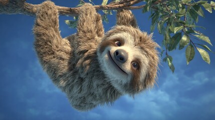 Obraz premium Adorable, fuzzy creature smiles upside down, hanging from a leafy branch against a blue sky