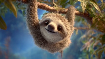 Obraz premium A cheerful, fluffy sloth hangs from a tree branch, smiling sweetly at the viewer