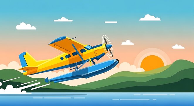 Seaplane sunset flight with mountain lake.