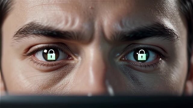 Close-up of intense eyes with digital lock symbol reflecting, symbolizing data security and privacy