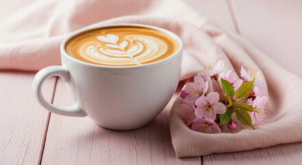 A cup of cappuccino with latte art and cherry blossom on a pink wooden table