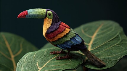 Naklejka premium Colorful textile toucan perched on a large green leaf with a dark background