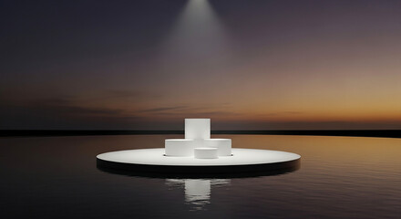 Minimalist podium on water with spotlight and sunset sky, ideal for product showcase