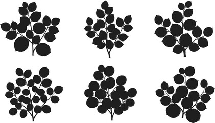 Leafy plant silhouettes, small tree outlines, black foliage shapes, isolated vector illustration, natural botanical elements, abstract plant art, decorative landscape design