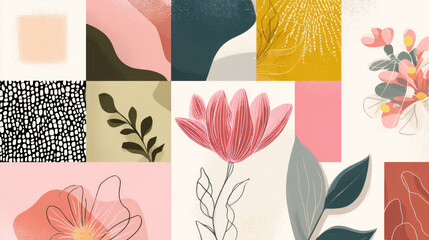 Collage of abstract shapes, organic textures, and stylized floral illustrations