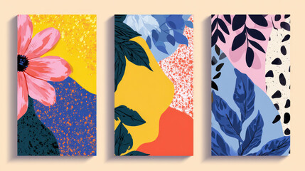 Three abstract vertical panels with floral, leaf, and textural elements in vibrant colors