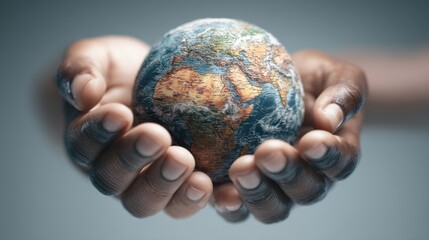 Hands cradle a detailed Earth, its continents and oceans bathed in soft light