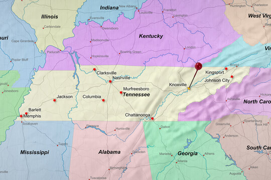 Colorful location map with red stick pin at Knoxville, Tennessee, United States of America, USA and the surrounding area