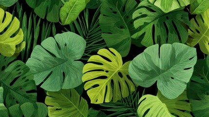 Lush tropical foliage pattern with vibrant green leaves against a dark background