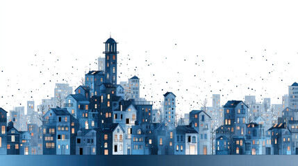 Illuminated blue city skyline with diverse architecture and subtle texture