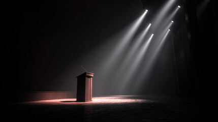 Empty podium bathed in spotlights on a dark stage
