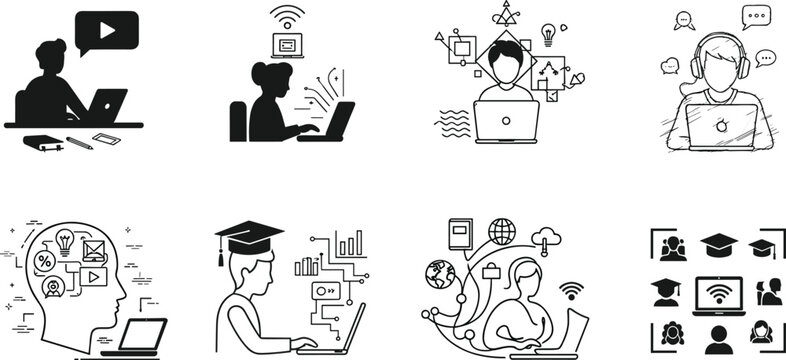 Online learning silhouette icons, digital education, remote study, e-learning tools, virtual classroom, video lessons, global connectivity, academic technology illustration