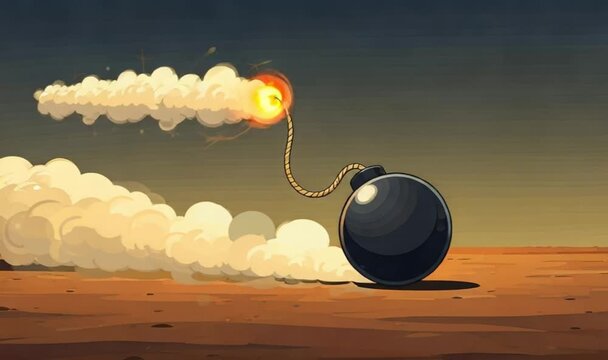 Cartoon bomb with a lit fuse against a desert landscape.