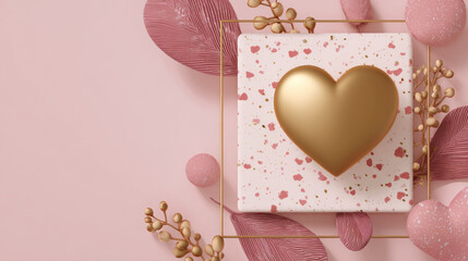 Golden heart, pink textures, and delicate golden branches on a soft pink background