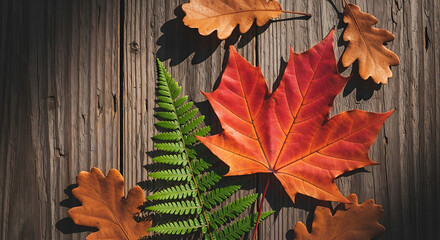 Autumn leaves with red maple and green fern on wooden surface