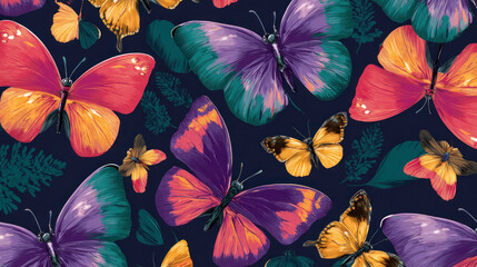 Vibrant, colorful butterflies in flight against a dark, leafy background