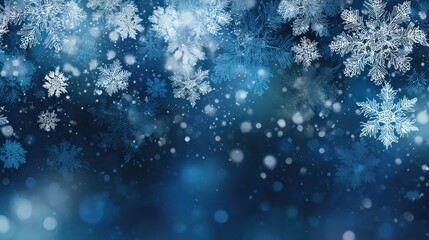Glittering snowflakes drift down against a dark, ethereal blue backdrop with soft bokeh