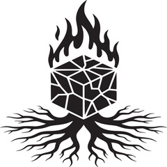 A black geometric cube with cracks on fire and roots beneath on a white background graphic design