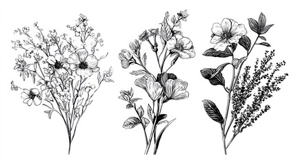 Delicate line art illustrations of three distinct floral arrangements on a white background