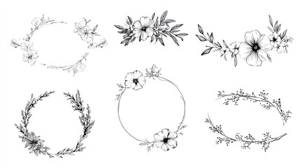 Six delicate floral and botanical wreaths and borders, hand-drawn style