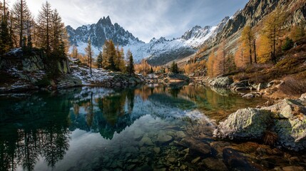 Lake reflects mountains with snow and autumn trees under a cloudy sky.