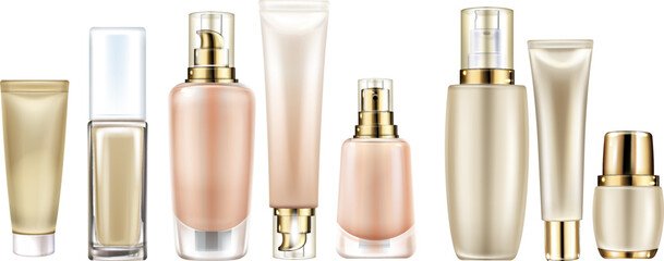 A collection of elegant, blank cosmetic containers including bottles, tubes, and jars, isolated on a white background.