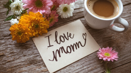 Delicate flowers, a heartfelt note, and a steaming cup of coffee on a rustic wooden surface