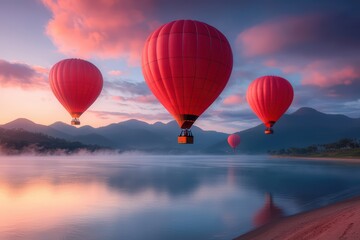 Fototapeta premium Hot Air Balloons concept. Three Vibrant Hot Air Balloons Floating Above Serene Water at Sunrise with Mountains in Background and Colorful Clouds