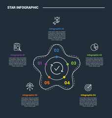 Star Base shape infographic process diagram with round edge with circular cycle and round edge with dark background bright outline style 5 points