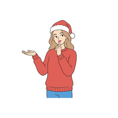 Person in Santa outfit making shh gesture festive vector illustration for Christmas surprise secret gift or holiday greeting card in clean cartoon style