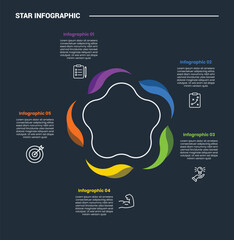 Star Base shape infographic process diagram with round bulky edge with wave cycle circular with dark background bright outline style 5 points