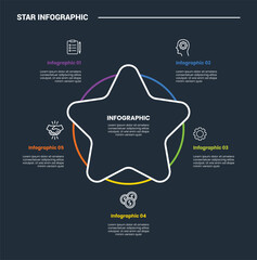 Star Base shape infographic process diagram with balance shape with circle layer behind with dark background bright outline style 5 points