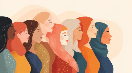 Diverse women of various ethnicities and ages stand together, united in strength and sisterhood