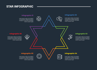 Star Base shape infographic process diagram with sharp edge double line with cycle circular with dark background bright outline style 6 points