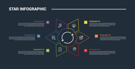 Star Base shape infographic process diagram with flower shape based on triangle structure with dark background bright outline style 6 points
