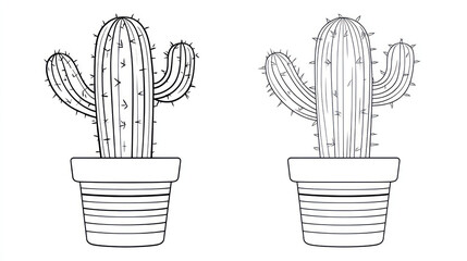 Two stylized, potted cacti with ribbed planters. One is slightly thicker