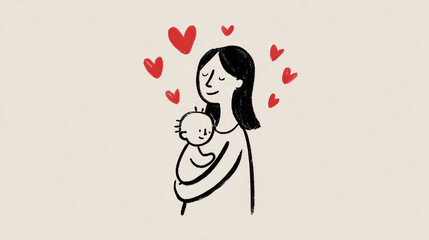 A tender illustration of a woman cradling a baby, surrounded by floating hearts