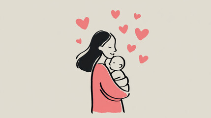 Gentle embrace of love A mother tenderly cradles her infant, surrounded by floating hearts