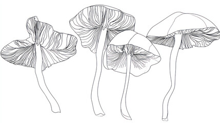 Four delicate outlines of mushrooms, showing underside gills and slender stems