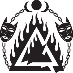 A graphic design featuring flames a triangle masks chains and moon phases in black and white style