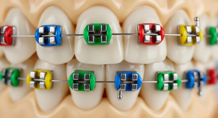 Front view dental model with colorful orthodontic braces, showing the application metal brackets and wires for teeth straightening, isolated on