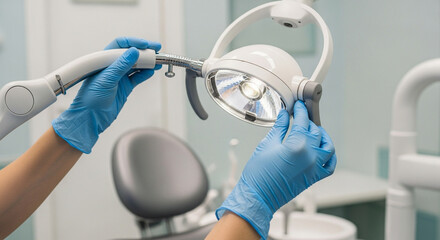 Dentists hands in blue gloves adjusting bright dental examination light in clinic, preparing for patients oral checkup