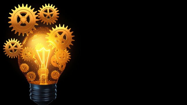 Innovation concept. Light bulb with glowing gears, representing innovation, creativity, and mechanical thinking in a dark background.