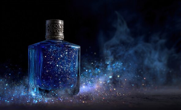 A glamorous blue perfume bottle, illuminated by glittering particles and smoky haze