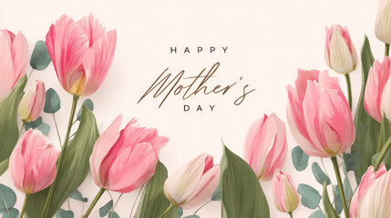 Pink tulips and eucalyptus leaves with "Happy Mother's Day" text