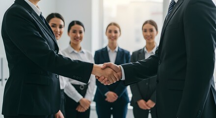 Smiling business people in suits shaking hands after a successful meeting in the office