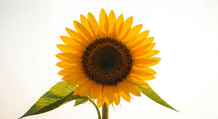 Obraz premium Bright yellow sunflower with large brown center and green leaves on white background
