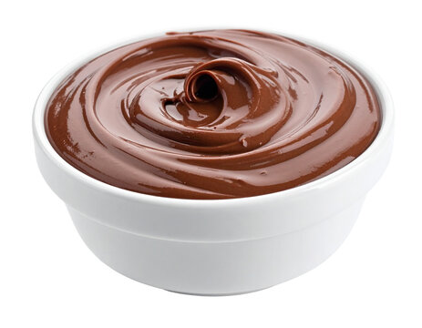 Isolated small bowl of smooth chocolate glaze or sauce on a white background